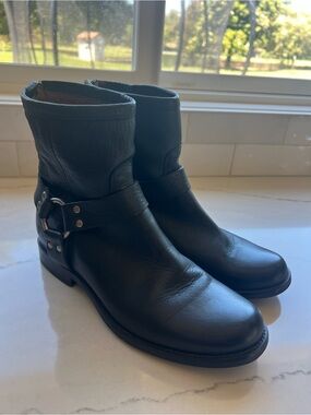 Frye Black Leather Harness Ankle Boots